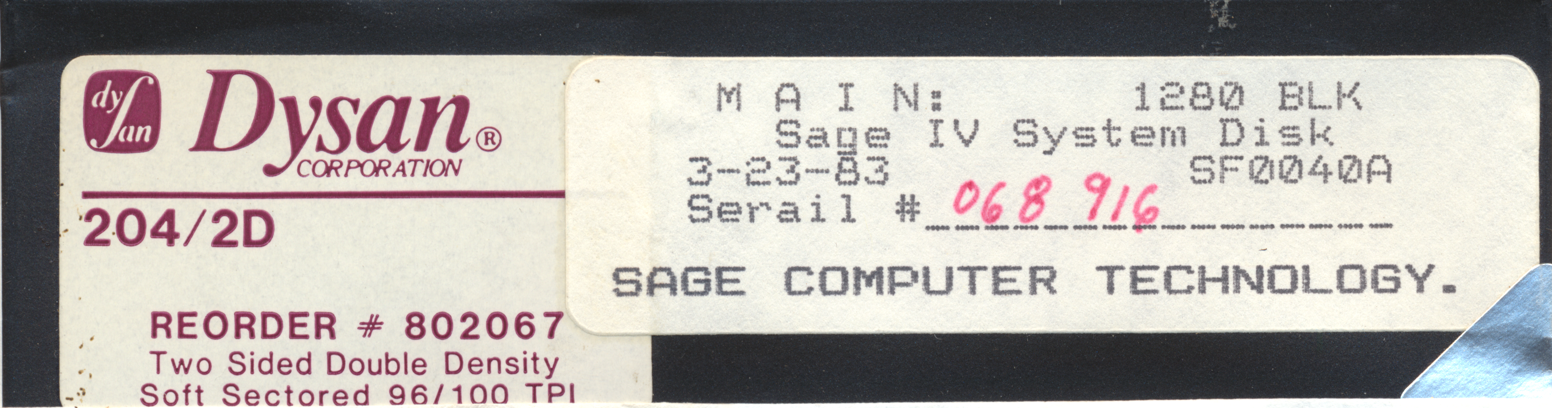 M A I N: 1280 BLK Sage IV System Disk 3/23/83 SF0040A Serial #__068916_______…