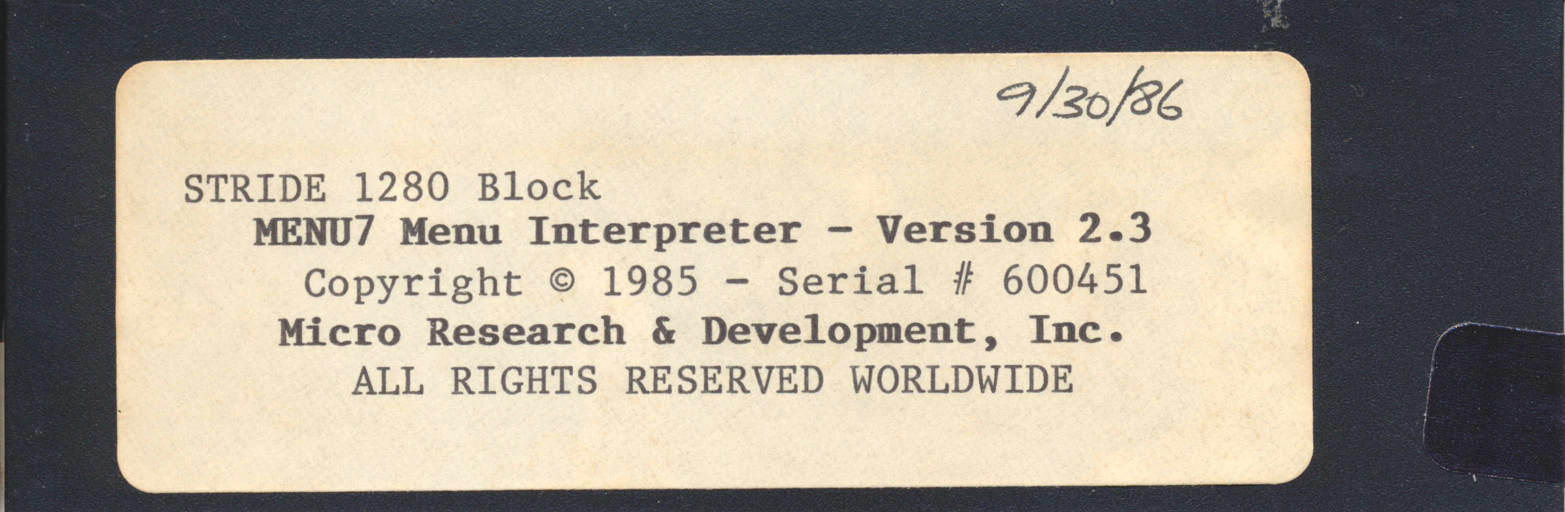 9/30/86 STRIDE 1280 Block MENU Menu Interpreter - 2.3 Copyright © 1985…