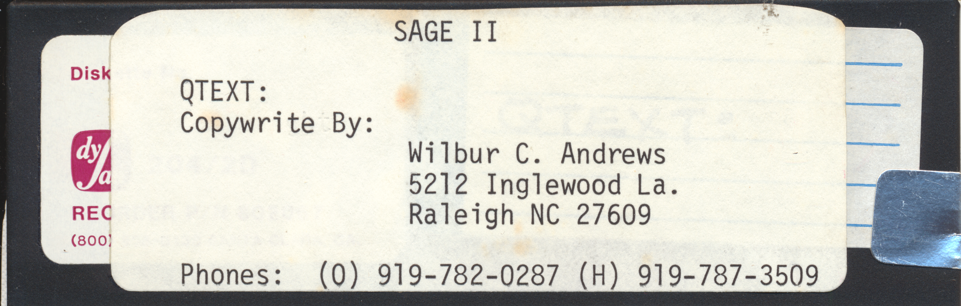 SAGE II QTEXT: Copywrite By: Wilbur C. Andrews 5212 Inglewood La. Raleigh, NC…